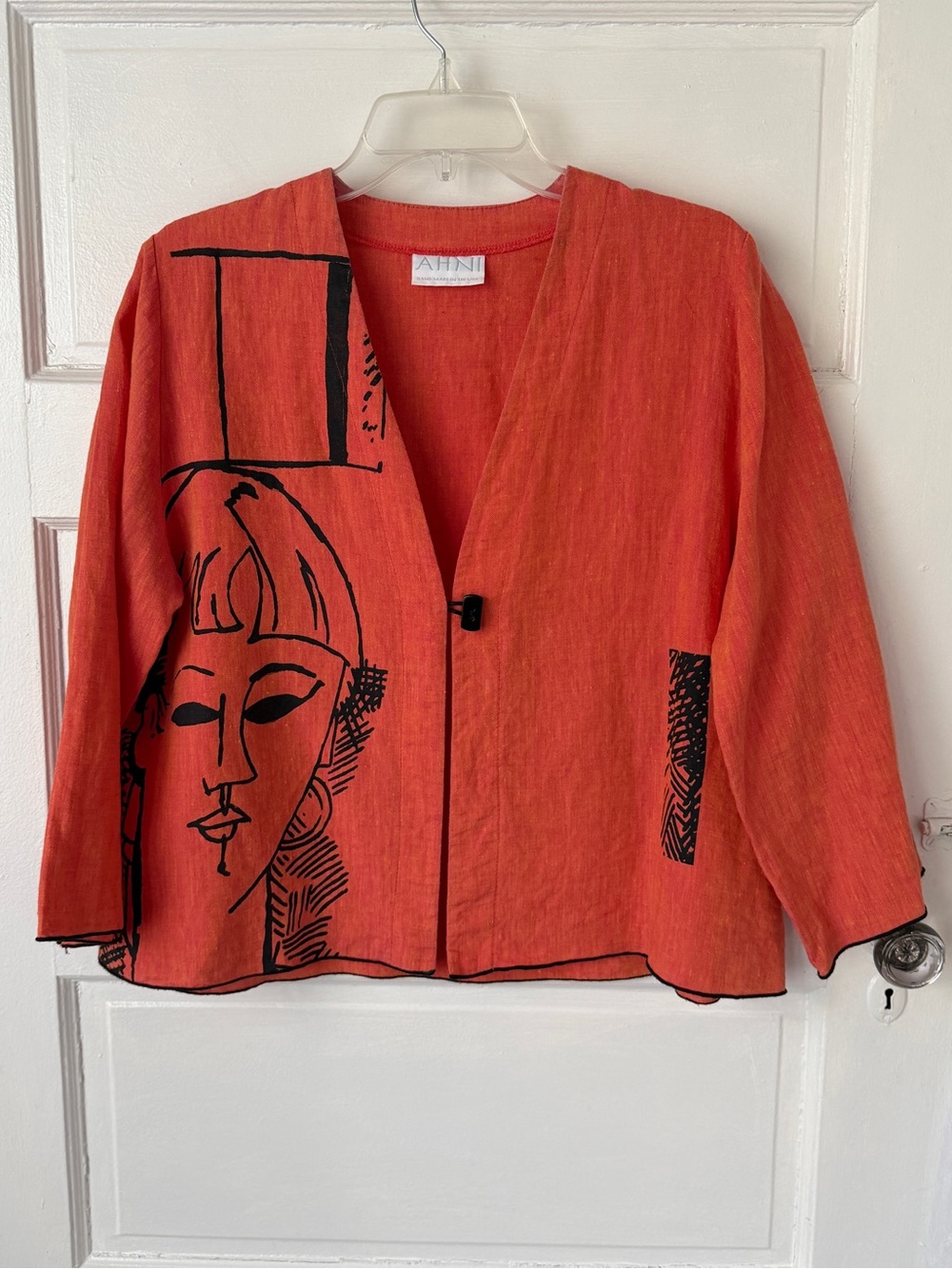 AHNI Wearable Art Graphic Linen Blazer Jacket Boxy Lagenlook Boho Abstract Indie